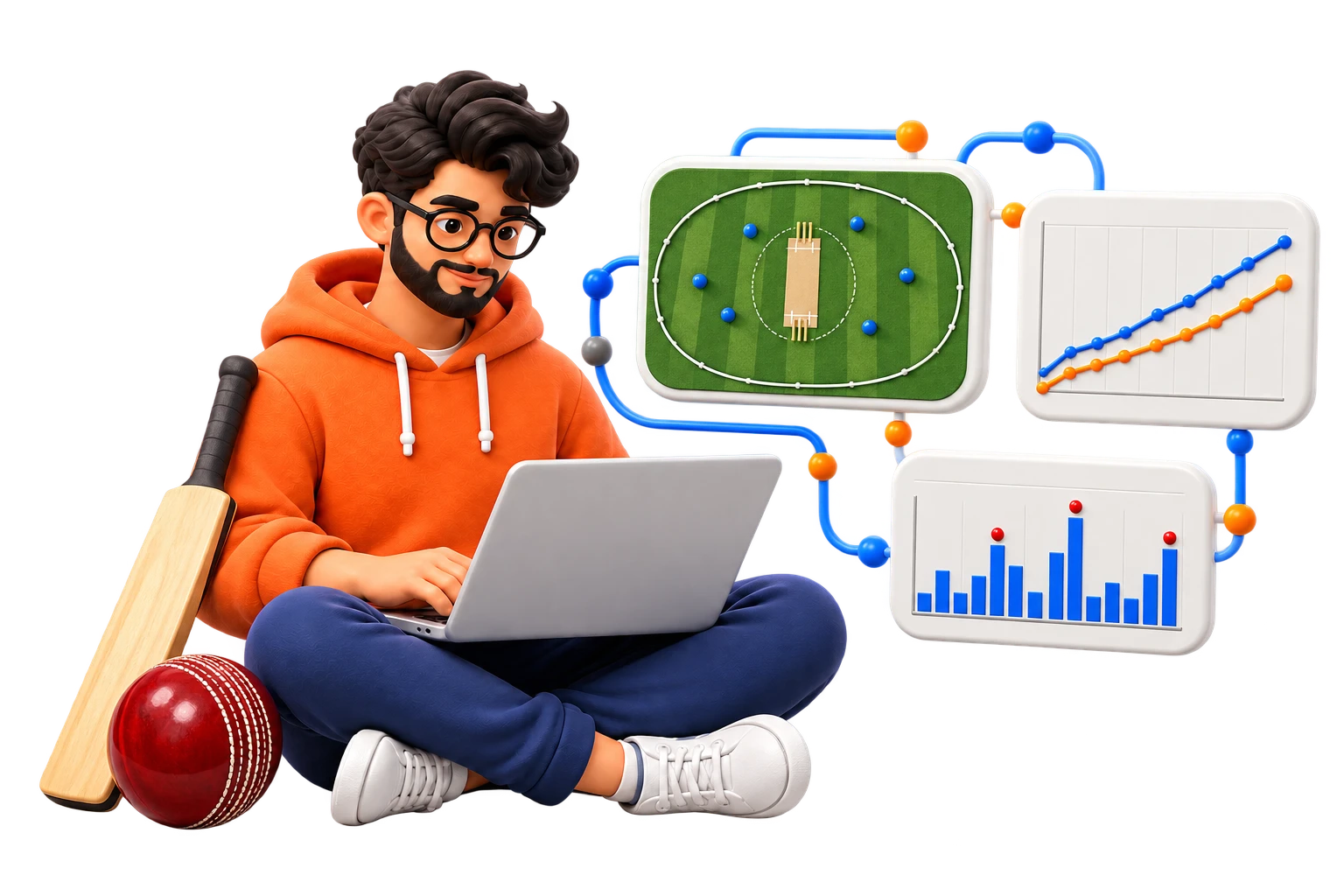 Developer using a laptop beside a cricket bat and ball, with connected cricket ground, worm and Manhattan chart panels
